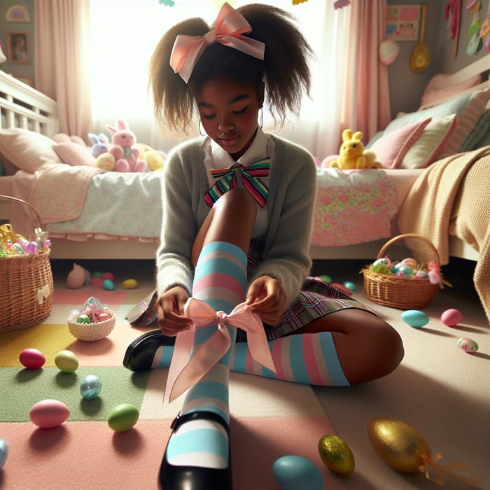 African Descent Schoolgirl Easter Decor Scene | Heartwarming Slice-of-Life Moment