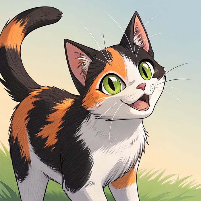 Anime Style Black, Orange & White Cat with Green Eyes