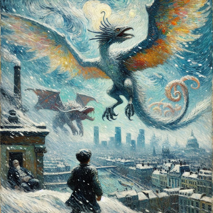 Shantak Bird in London Snowstorm, Van Gogh Style, Vertical Art