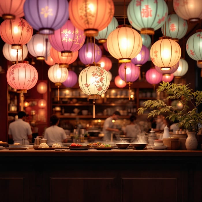 Luminous Chinese Restaurant Counter with Lanterns