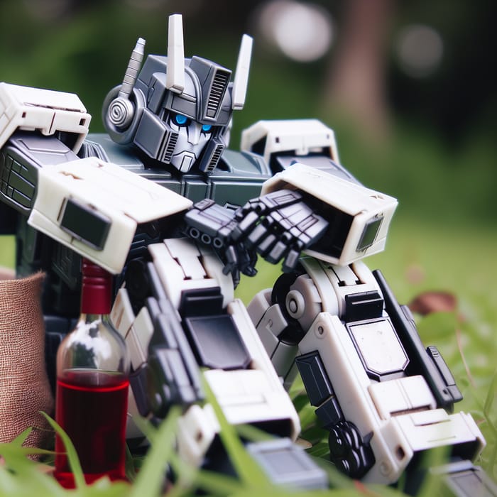 Melancholic Transformer-Like Character Enjoying Wine on Grassy Field