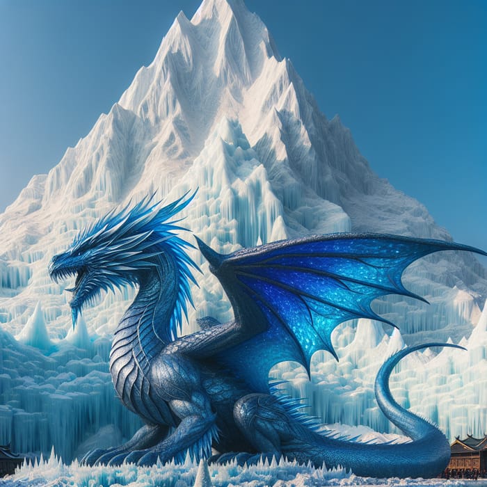 Ice Dragon Majestic Scene Before towering Ice Mountain