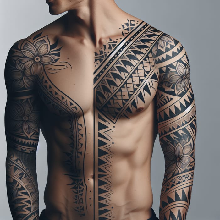 Male Tribal Sleeve Tattoo Design with Flower Motifs & Sharktooth