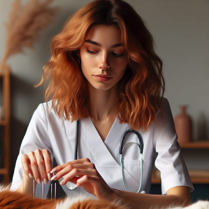 Female Veterinarian Performing Acupuncture on Calm Pet in Serene Environment