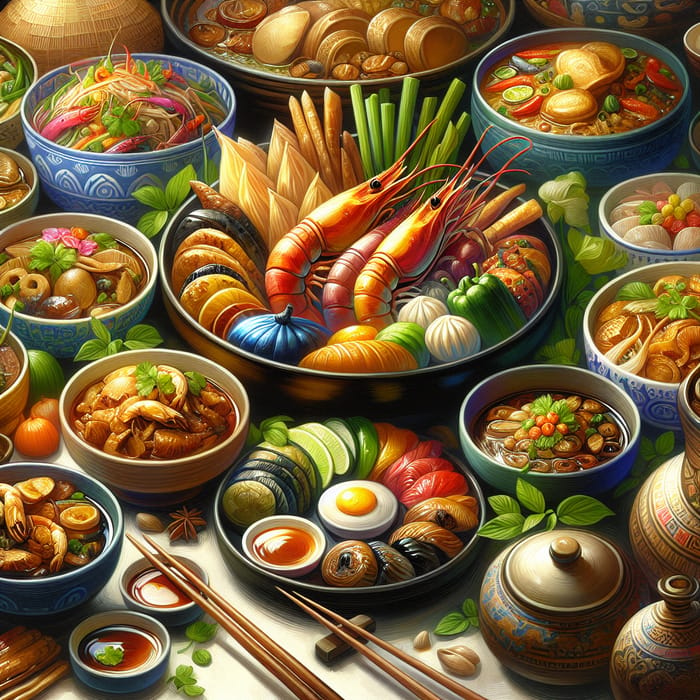 Elaborate Asian Style Dishes Painting: Exquisite Fusion of Culinary Traditions