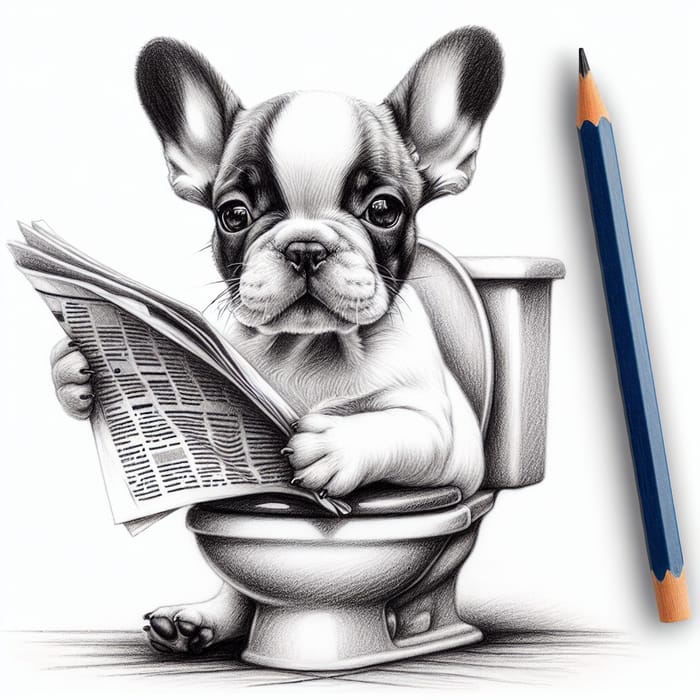 Charming French Bulldog Puppy Sketch on Toilet with Newspaper