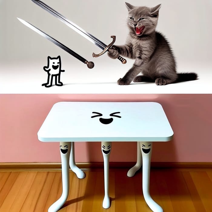 Cat with Sword and Laughing Table - A Playful Scene