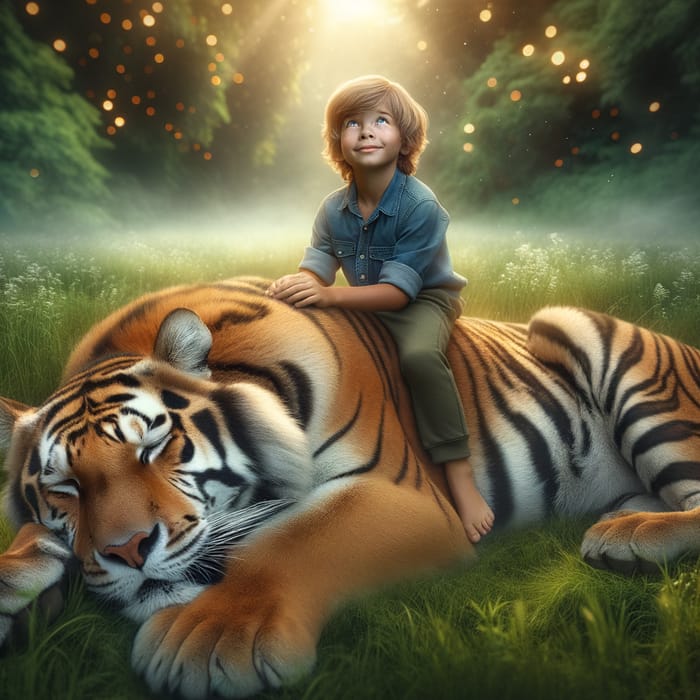 Young Boy Riding Majestic Tiger in Serene Meadow