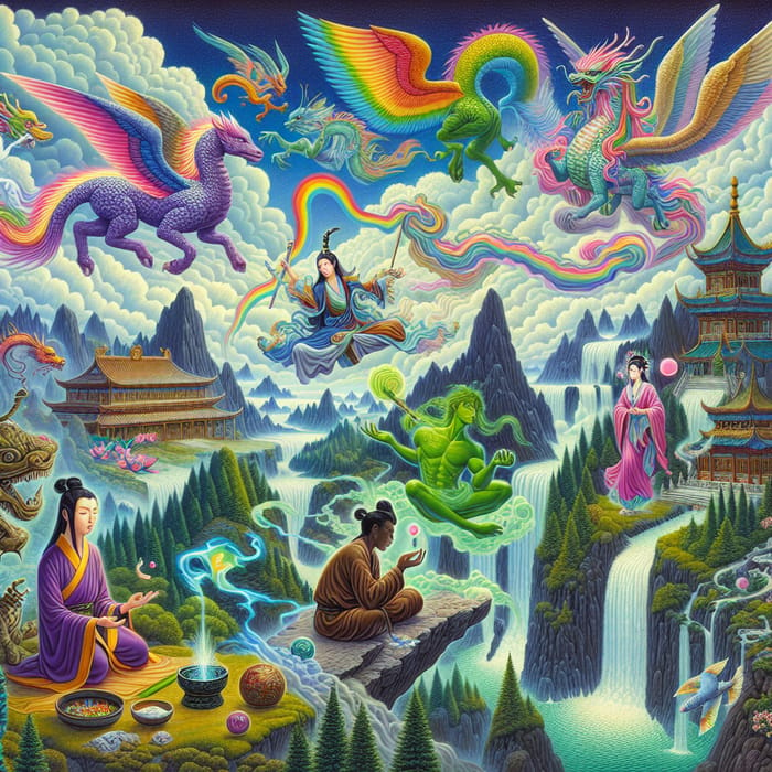 Fantastical Xianxia Scene with Magical Creatures and Cultivators