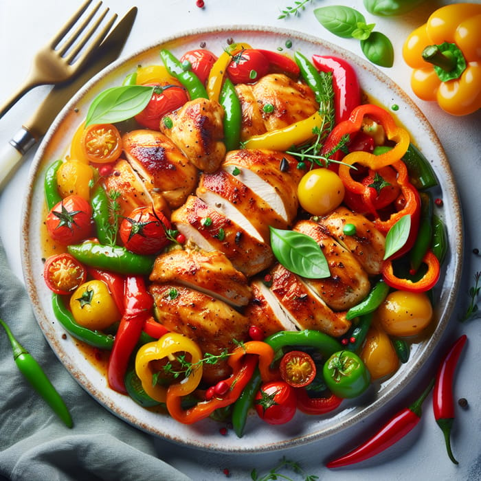 Colorful and Delicious Chicken Dish on Plate with Fresh Vegetables