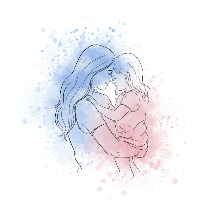 Soft Watercolor Minimalist Art: Mother and Child Love