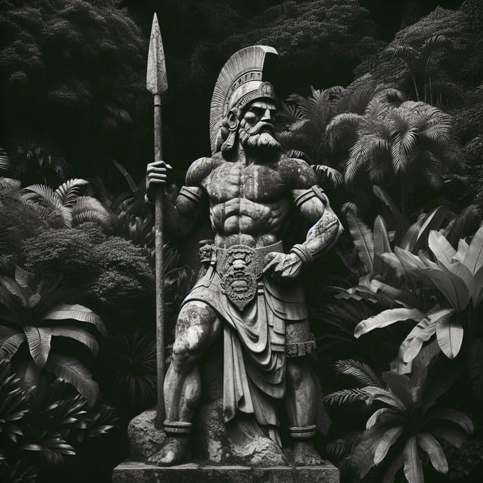 Ancient Warrior Statue Amid Tropical Foliage