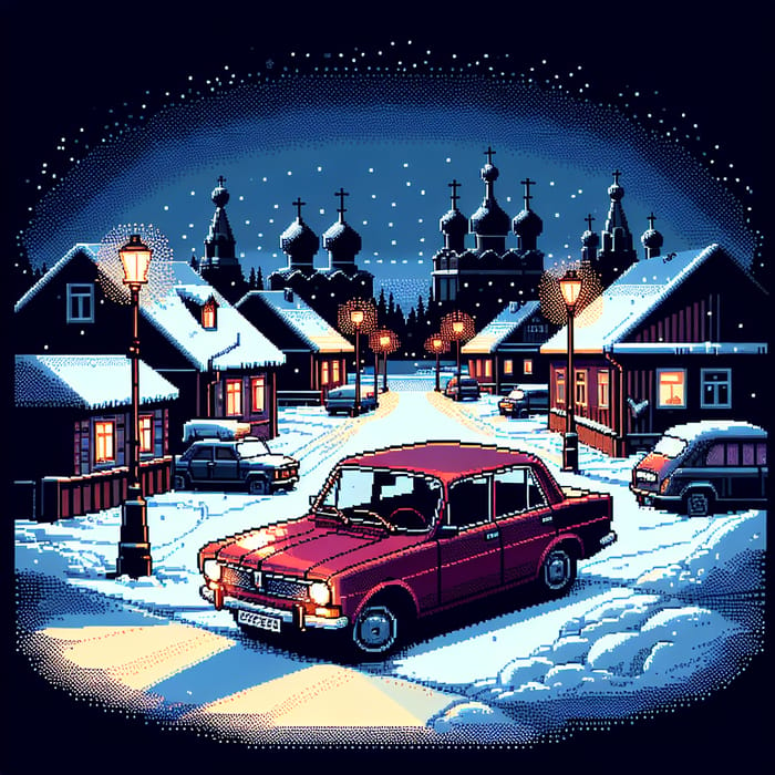 Cherry Red Volga 3102 in Winter Midnight Pixel Art Scene