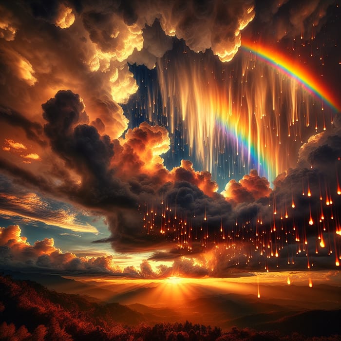 Dreamy Sunset Sky with Rainbow and Luminescent Raindrops