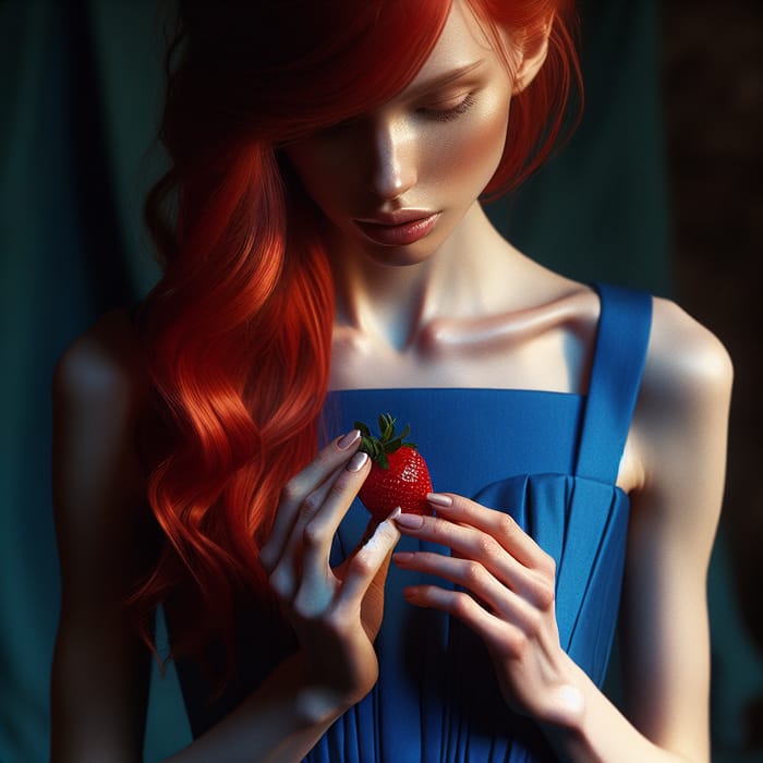 Tranquil Model with Red Hair and Blue Dress Holding Strawberry