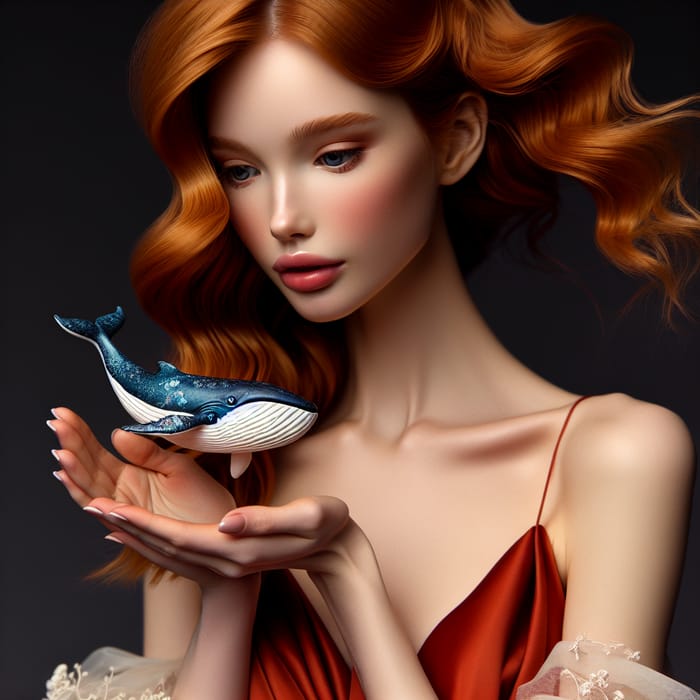 Stunning Red-Haired Model Admiring Miniature Whale Replica