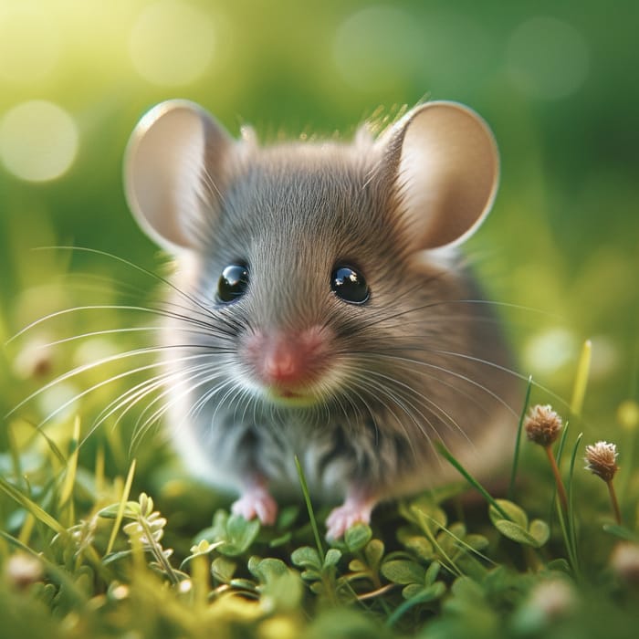 Cute Grey Mouse Standing Among Wildflowers