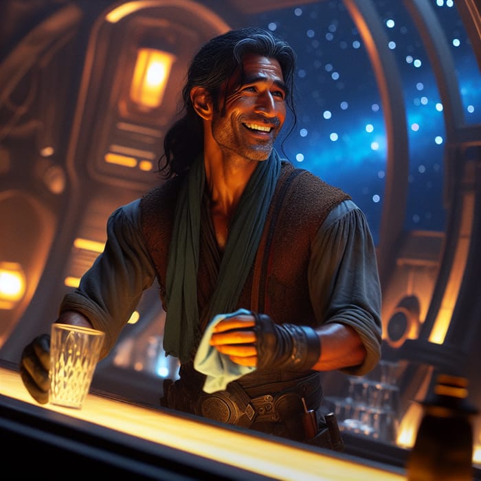 Rugged Intergalactic Bartender with Lumberjack Style | Inclusive Galaxy Bar Scene