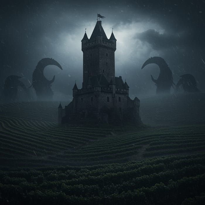Mysterious Tower Amidst Dark Vineyards Mysterious Tower Amidst Dark Vineyards