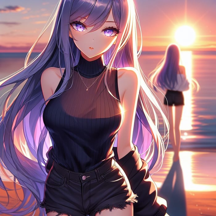 Asian Anime-Style Character with Lavender Hair at Beach Sunrise