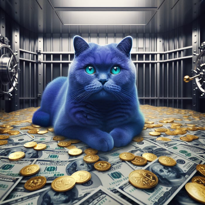 Blue Cat Surrounded by Wealth and Riches