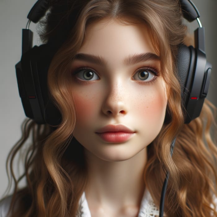 Girl with Fair Skin, Wavy Hair, Light Brown Eyes and Gaming Headphones