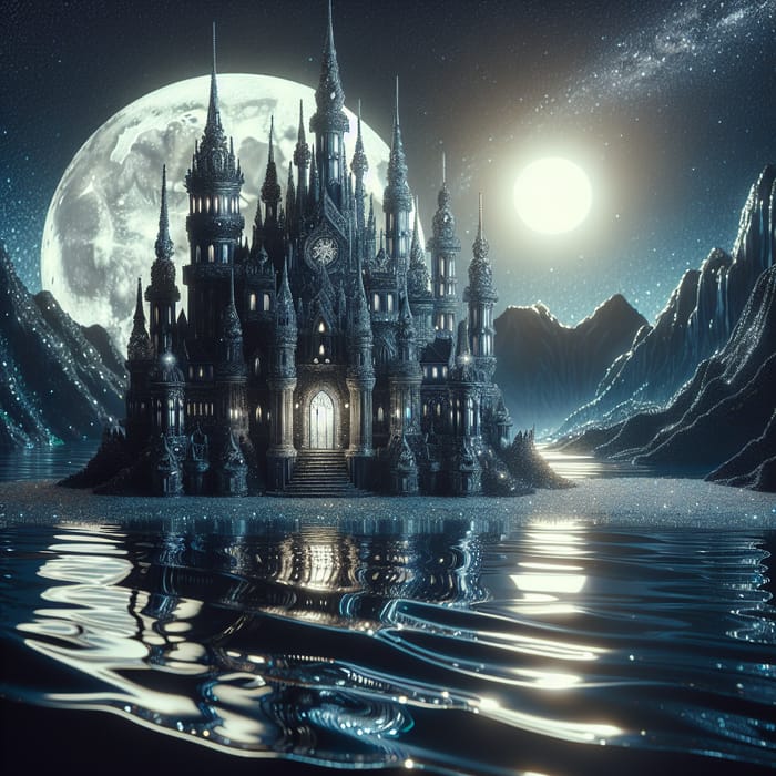 Ethereal Black Crystal Castle in Moonlit Enchantment