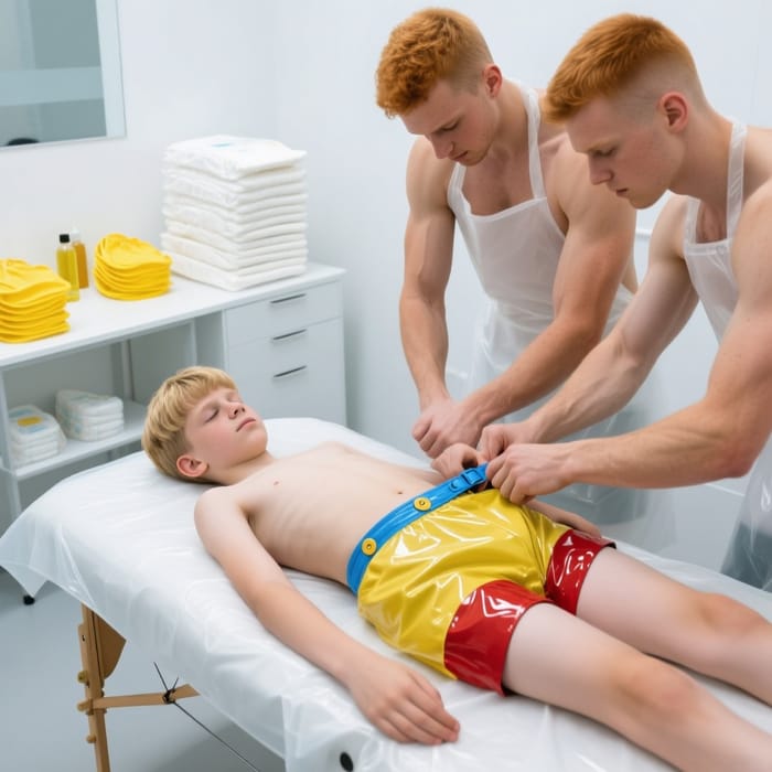 Teenager in PVC Diaper Brief Getting a Massage