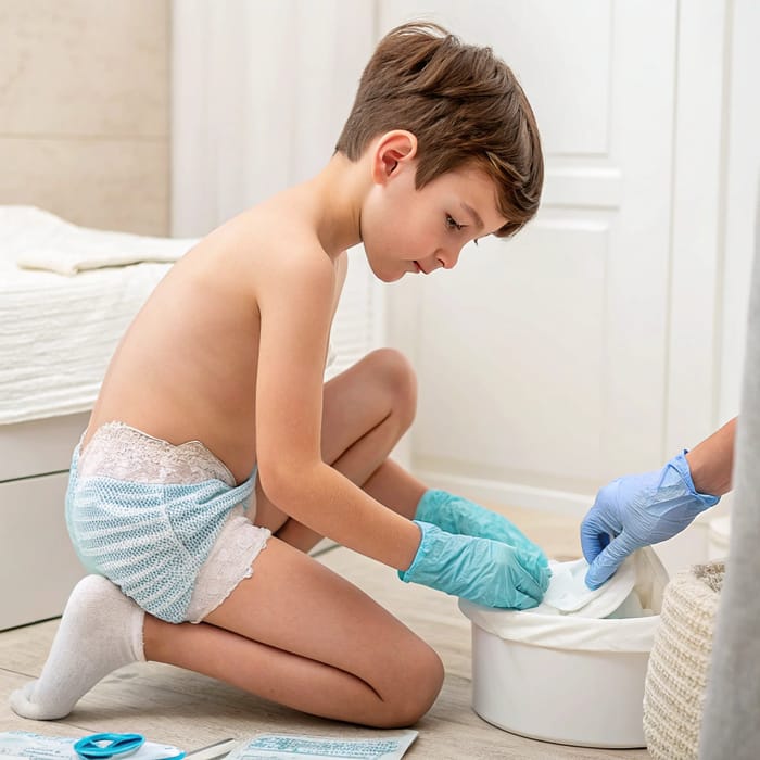 12 Year Old Changing Diaper with Gloves