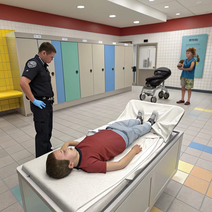 Diaper Changing Scene in Colorful Bathroom