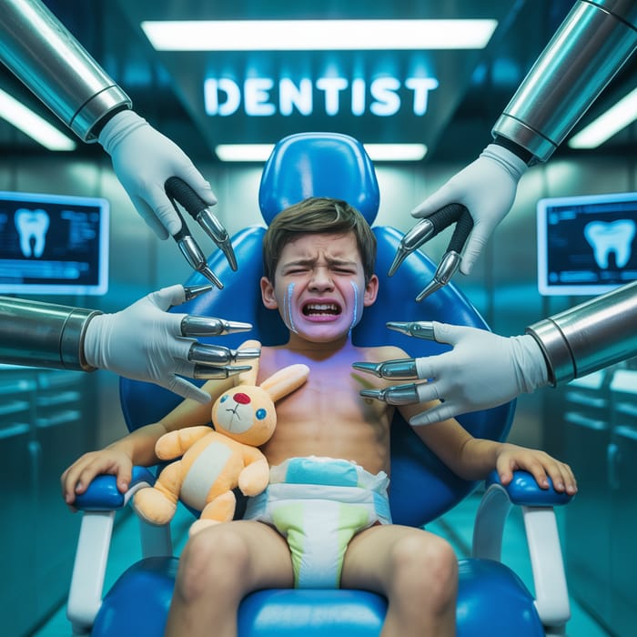 Cyberpunk Dentist Scene with a 14-Year-Old