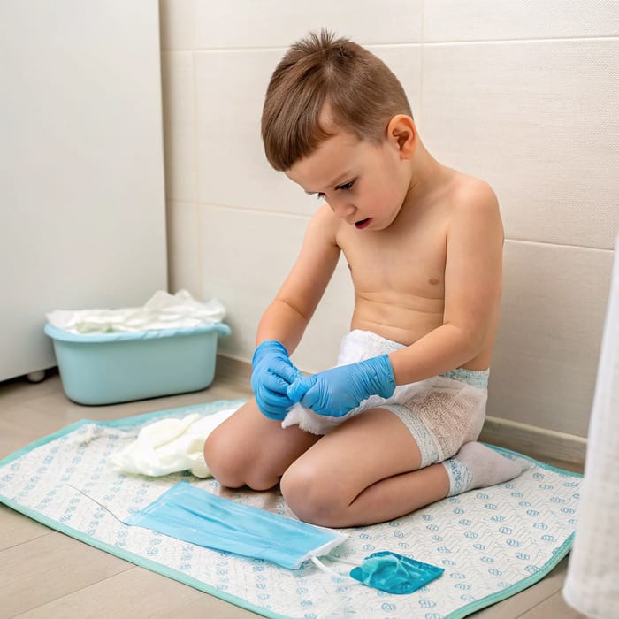 8-Year-Old Changes Diaper Using Gloves