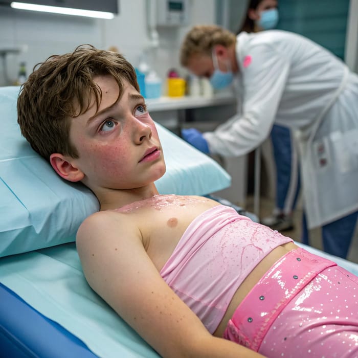 Unhappy Boy in Diaper: Laboratory Testing Scene