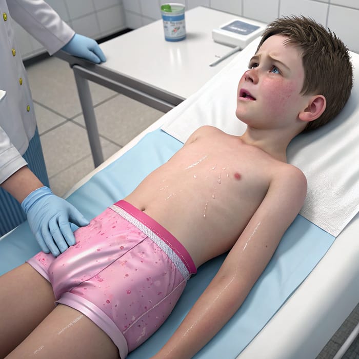 12-Year-Old Boy in Laboratory with Wet Diaper