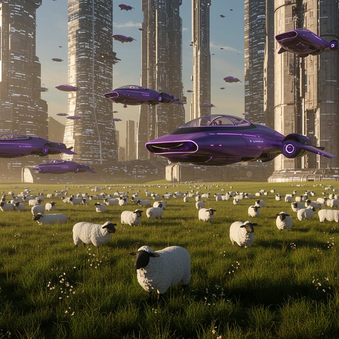 Futuristic Space City with Flying Cars and Sheep Futuristic Space City with Flying Cars and Sheep