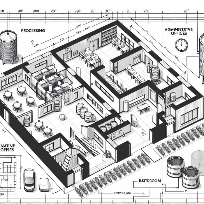 Detailed Black and White Wine Factory Floor Plan