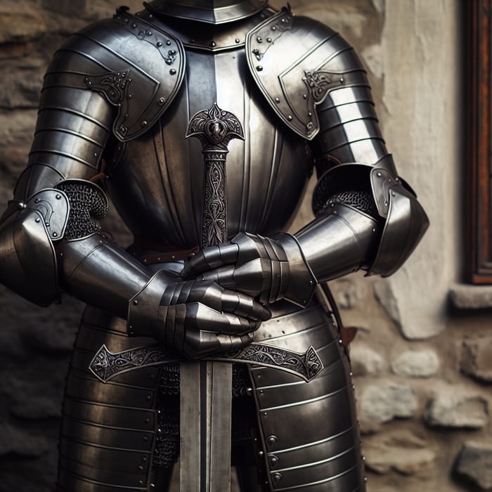 Medieval Armor and Two-Handed Sword Displayed Against Wall