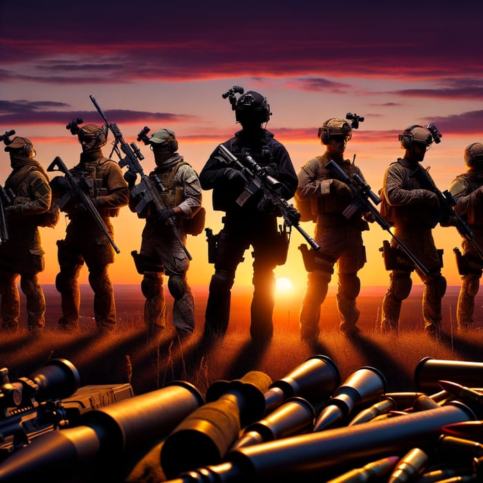 Team of Snipers at Sunset on the Battlefield