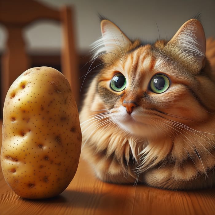 Curious Cat Fascinated by Potato on Table