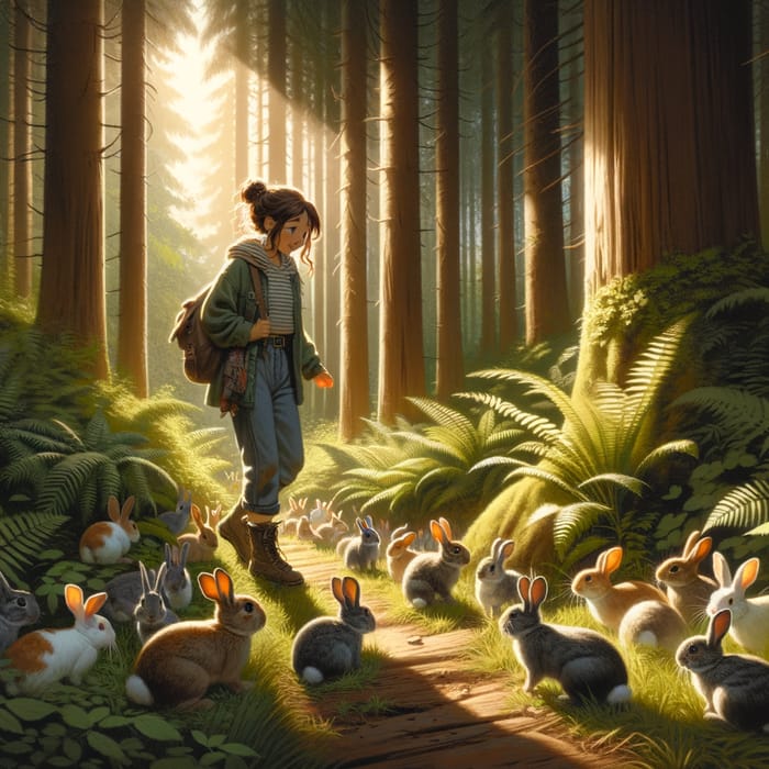 Girl in Forest with Rabbits: Enchanting Nature Scene with a Middle-Eastern Girl