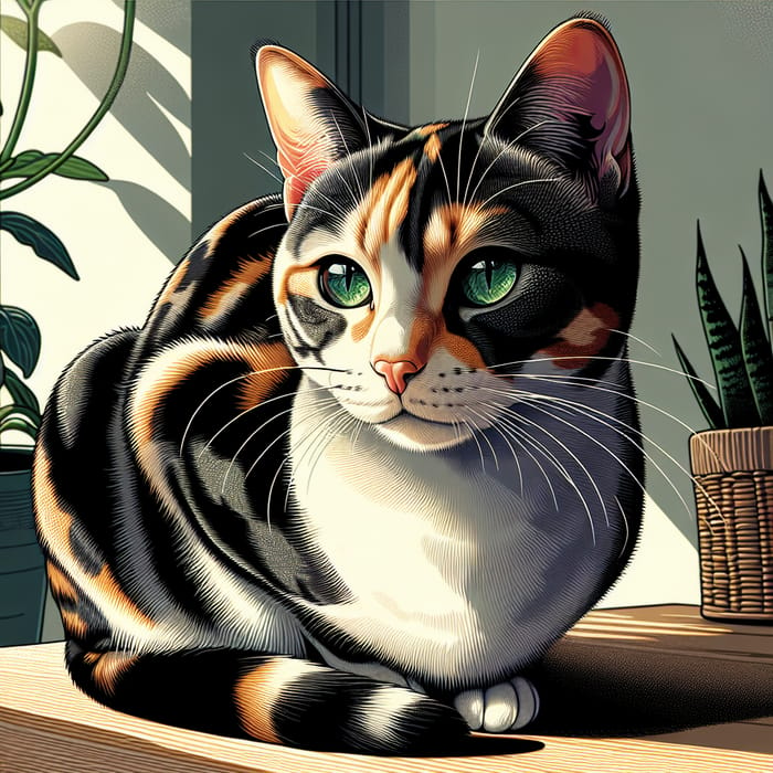 Adorable Calico Cat - Detailed Illustration