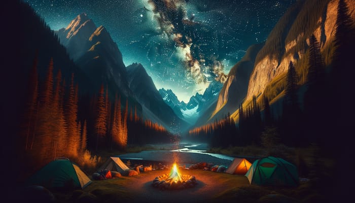 Cozy Campsite Under a Starry Sky in the Mountains