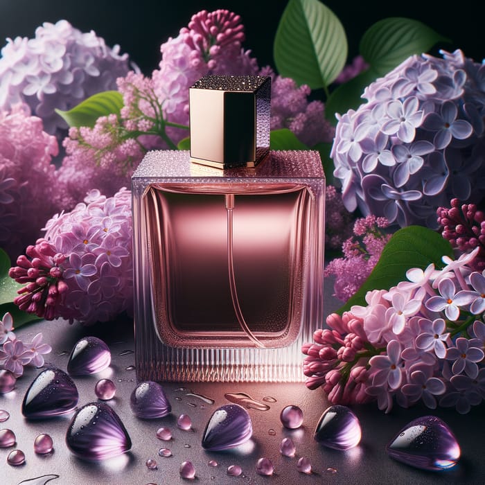 Elegant Perfume Bottle in Vibrant Lilac Flowers | 8k Studio Capture