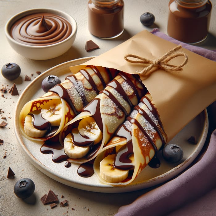 Delicious Crepes with Liquid Chocolate and Banana in a Paper Bag