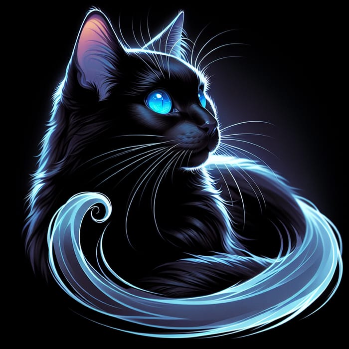 Ghosting Effect Black Cat with Blue Eyes - Mystical Side View