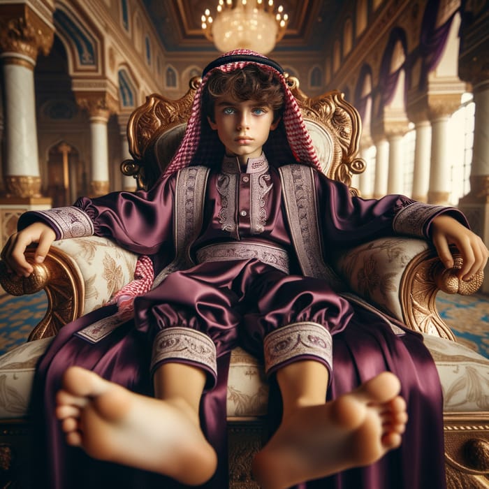 13-Year-Old King in Lavish Purple Arab Attire on Regal Throne