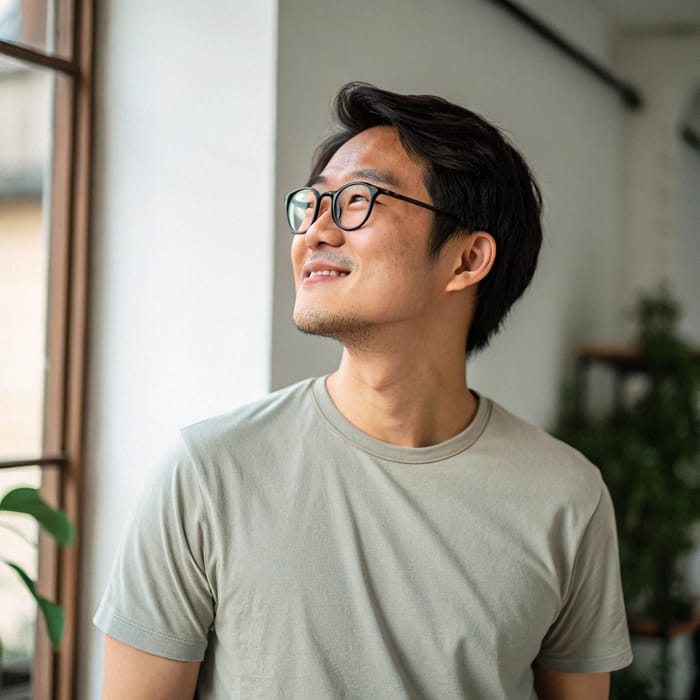 Asian Young Father in T-Shirt with Glasses