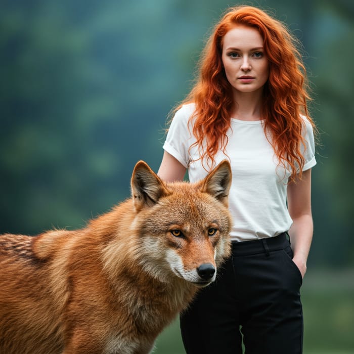 Woman with Red Hair and Red Wolf