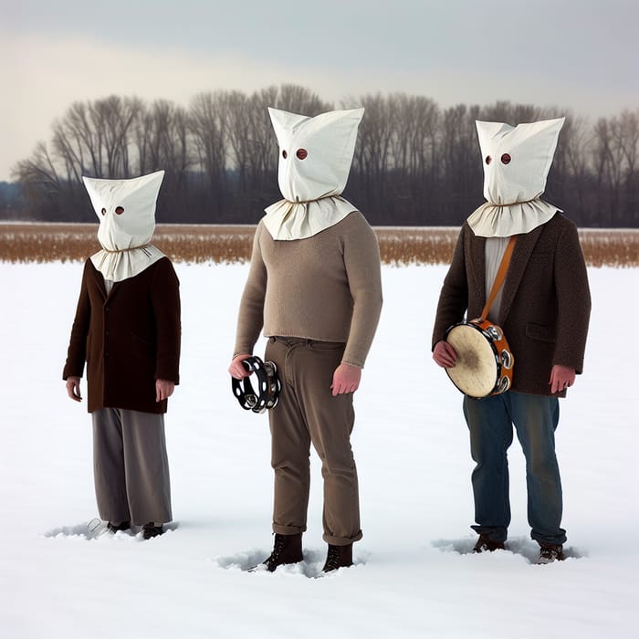 Diverse Trio with Tambourines in Snow-Covered Field