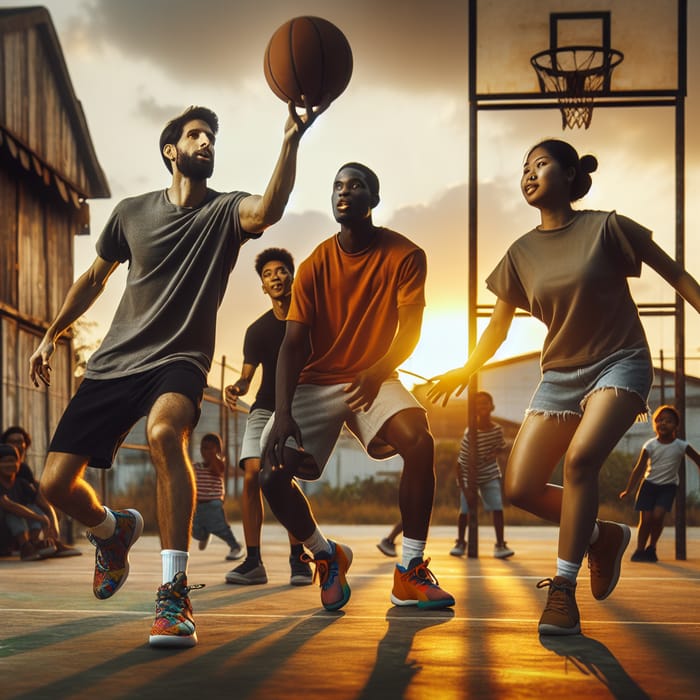 Vibrant Local Neighborhood Basketball Game at Dusk